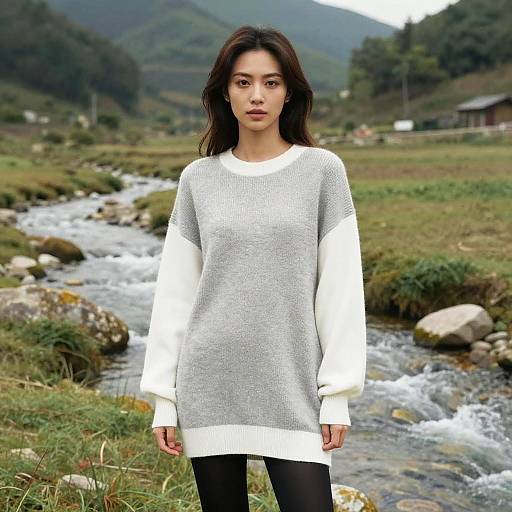 Photograph of an Asian woman with long dark hair, wearing a white and grey knit sweater, standing in a rural landscape with a flowing stream and green