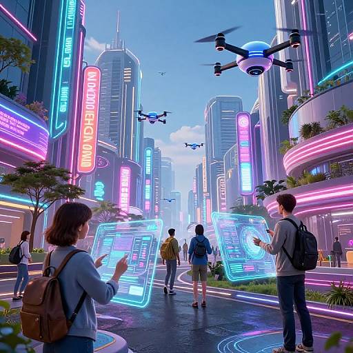 Neon-lit futuristic city street scene with people interacting with holographic displays, drones flying overhead, and vibrant skyscrapers adorned with colorful signs.