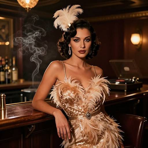 Glamorous photograph of a dark-haired woman in a gold, feather-trimmed, vintage cocktail dress, smoking, leaning on a bar in a