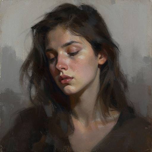 Digital painting of a pensive young woman with closed eyes, dark brown wavy hair, soft pink skin, wearing a dark top, against a gray