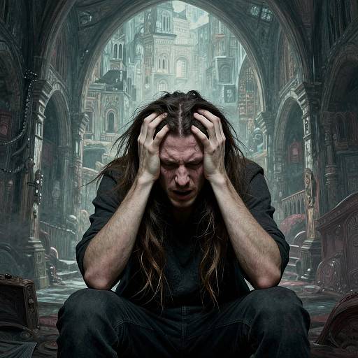 Photorealistic digital art: distressed man with long, messy brown hair, hands in hair, sits on dark, damp, Gothic cathedral floor, arch