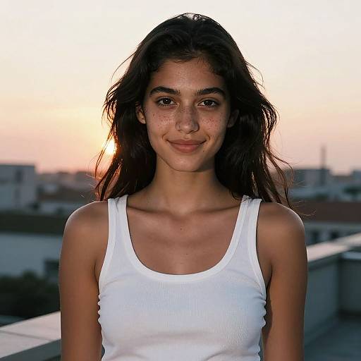 Photograph of a young woman with long, wavy dark hair, wearing a white ribbed tank top, smiling against a sunset-lit urban rooftop