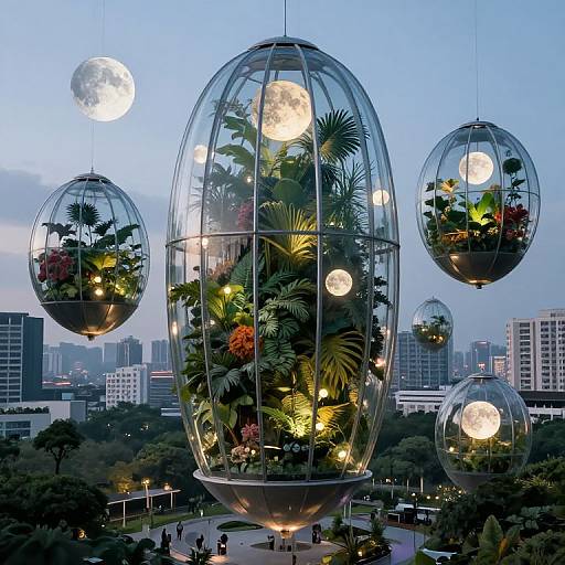 Photograph of five spherical glass planters with glowing lights and tropical plants, hanging in a city park at twilight, with a full moon in the blue