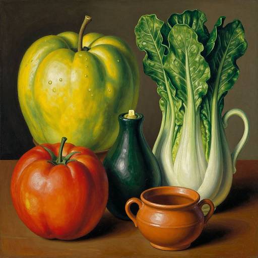 Hyper-realistic still life painting of a yellow pumpkin, red tomato, green bottle, celery stalks, and brown ceramic cup on a wooden surface.