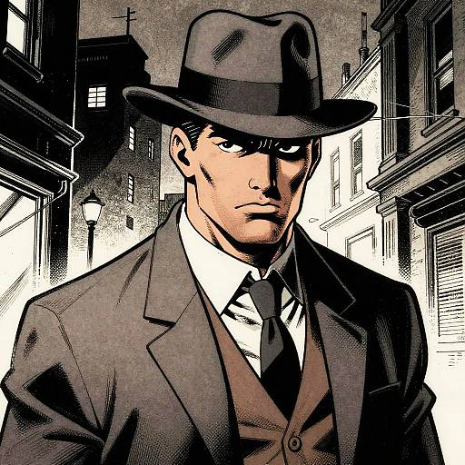 Digital comic-style drawing of a stern, dark-haired man in a black fedora, suit, and tie, standing in a black-and-white urban alley