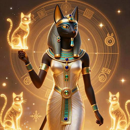 Digital art of an anthropomorphic black-furred Egyptian cat goddess, adorned in gold and turquoise jewelry, holding a glowing cat, surrounded by ethereal f