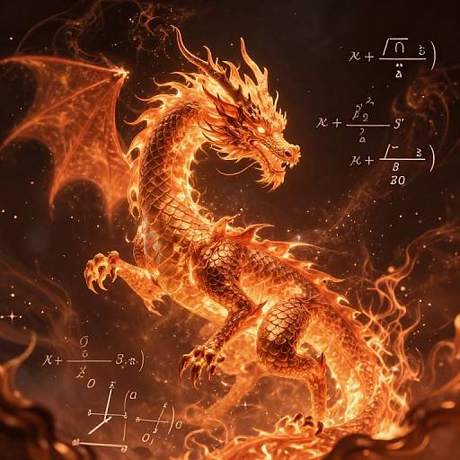 Digital art of a fiery, orange dragon with scales and wings, surrounded by flames, with mathematical equations overlaying the dark background.