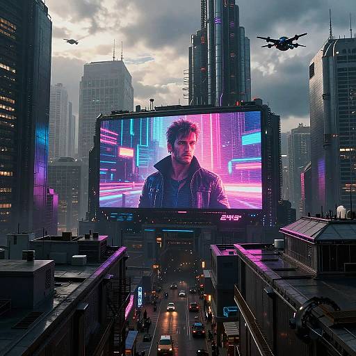 Cyberpunk cityscape with towering skyscrapers, a large neon-lit billboard featuring a serious man in a leather jacket, and a flying helicopter