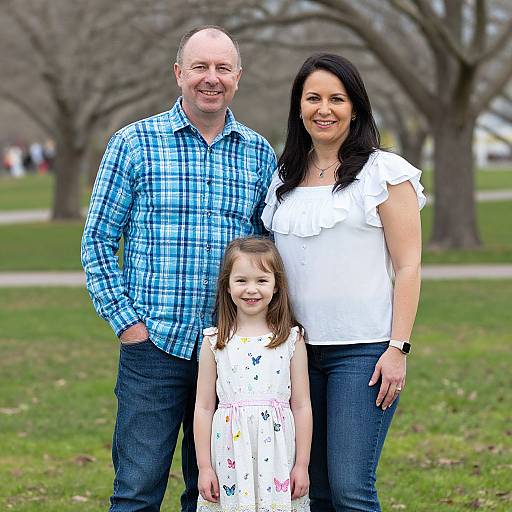 Photograph of a smiling Caucasian family: bald father in blue plaid shirt, dark-haired mother in white top, and young daughter in white dress with