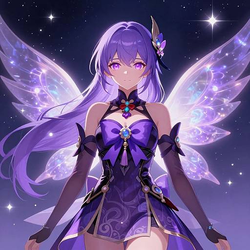 Digital anime-style artwork of a purple-haired fairy girl with glowing wings, wearing a black and purple dress, against a starry night background. She has