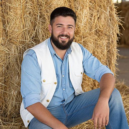 Photograph of a smiling bearded man with dark hair, wearing a white vest and blue shirt, sitting against a hay bale.