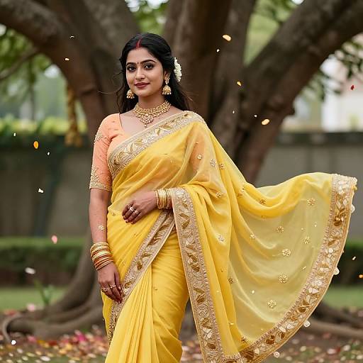 Photograph of a beautiful Indian woman with dark hair, wearing a vibrant yellow saree with gold embroidery, standing outdoors among trees, adorned with gold jewelry