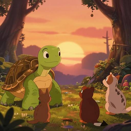 Digital cartoon of a green turtle, brown mouse, white-spotted mouse, and brown bear facing each other in a sunset forest.