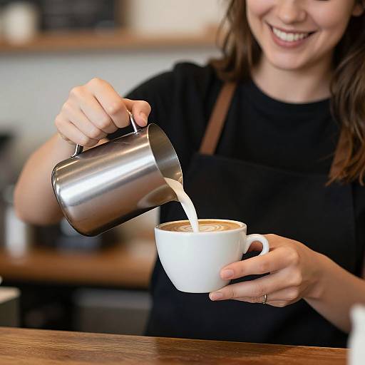 Photograph of a smiling woman in a black apron pouring milk into a white cup of cappuccino with a metal pitcher.