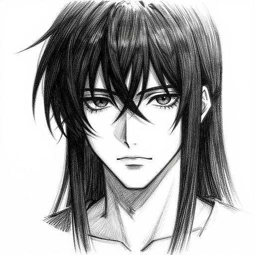 Black-and-white manga-style drawing of a serious, androgynous character with long, messy dark hair, sharp eyes, and a neutral expression.