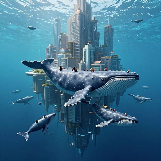 Digital artwork of a massive whale carrying a futuristic cityscape, surrounded by smaller sharks, underwater in a vibrant blue ocean.