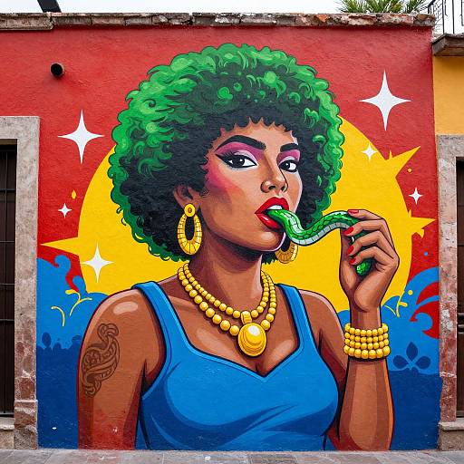 Vibrant mural of a dark-skinned woman with green afro, wearing blue tank top, gold jewelry, licking green snake, against red-yellow