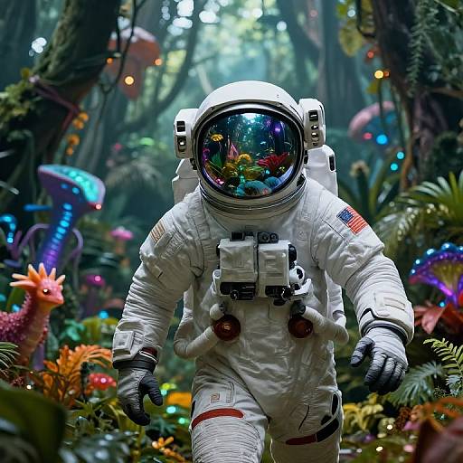 Photorealistic digital art of an astronaut in a white spacesuit, with reflective helmet, walking through a vibrant, colorful alien forest filled with glowing mushrooms