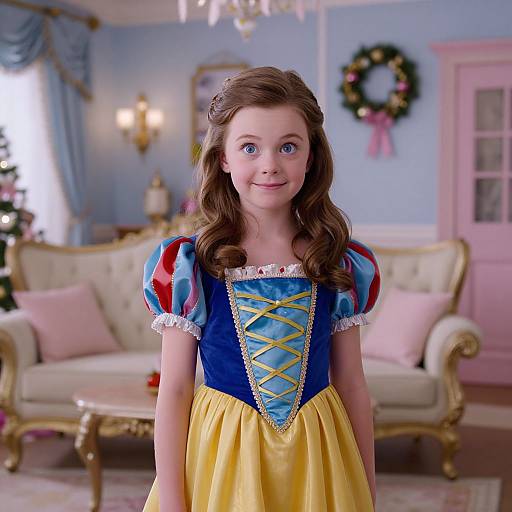 Photograph of a young girl with blue eyes, wearing a Snow White costume, standing in a pastel-colored, elegant living room.