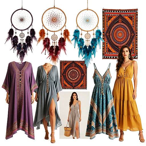 Photograph collage: Dreamcatchers with feathers, bohemian dresses in purple, blue, and yellow, and patterned textiles, featuring a woman