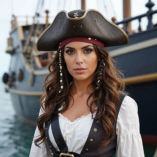 Photograph of a brunette woman with wavy hair, wearing a black pirate hat, white lace shirt, and black vest, standing in front of a