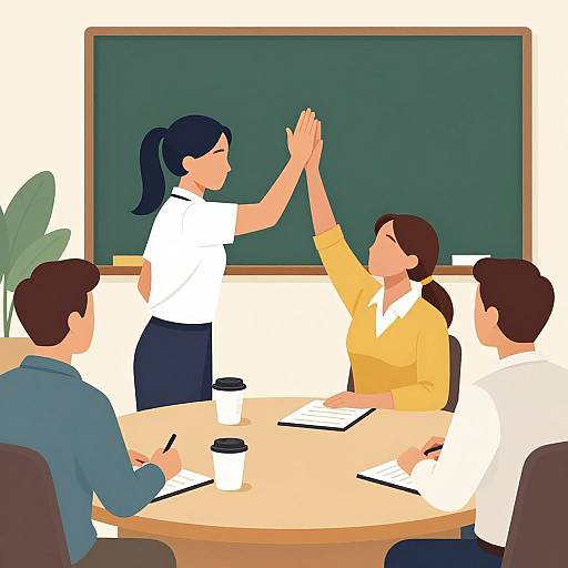 Digital illustration of a diverse group of four professionals in a classroom, led by a black-haired woman in a white shirt, high-fiving a brown-haired