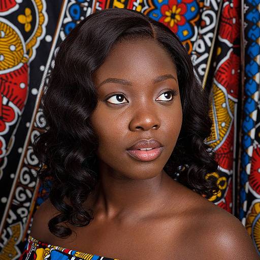 Photograph of a beautiful dark-skinned woman with black, wavy hair, gazing thoughtfully to the side, against a vibrant, colorful,