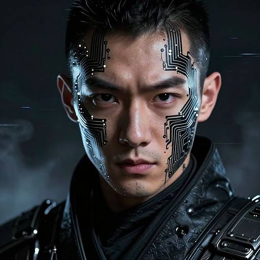 Photograph of a serious Asian man with dark hair, cybernetic patterns on his face, wearing dark, metallic armor, against a smoky blue