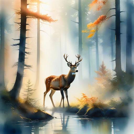 Watercolor Deer in a Foggy Forest