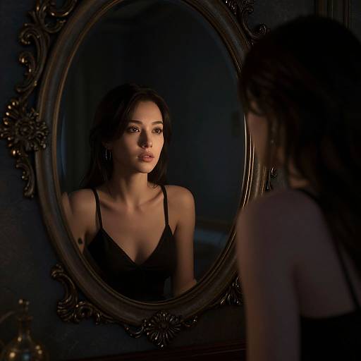 Photograph of a young woman with dark hair and light skin, wearing a black spaghetti strap top, standing in front of an ornate, oval mirror
