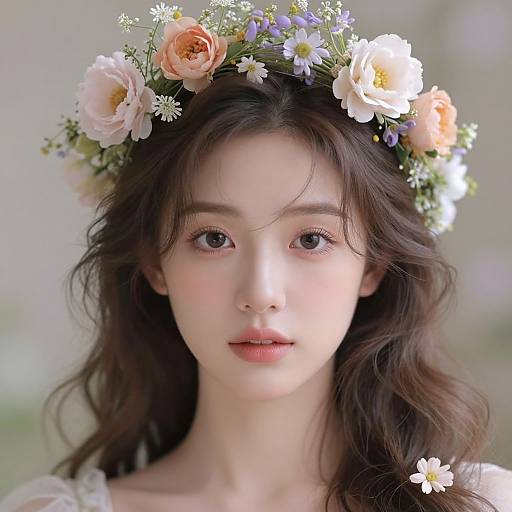 Photograph of a young Asian woman with fair skin, long wavy brown hair, wearing a floral crown with pink, white, and purple flowers,