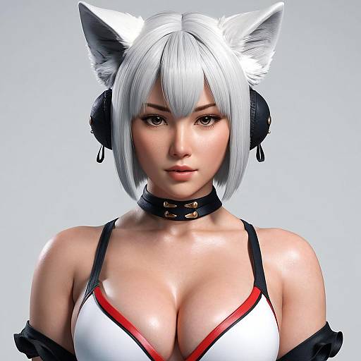 Digital CGI of a cute, anime-style woman with white cat ears, short silver hair, black choker, red and white bra, and large bust
