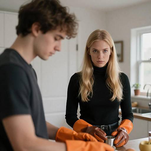 Intimate Kitchen Scene with Two Figures