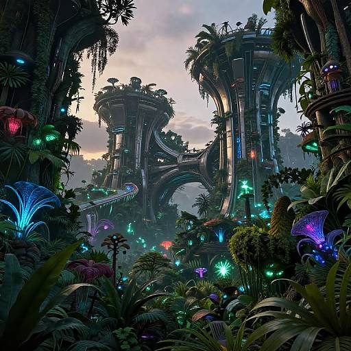 Digital artwork of a futuristic, bioluminescent jungle city with towering, arching structures, glowing plants, and vibrant neon lights at dusk.
