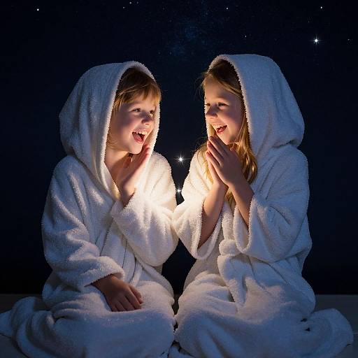 Photograph of two smiling blonde girls in white bathrobes, holding a glowing light, against a dark starry background.
