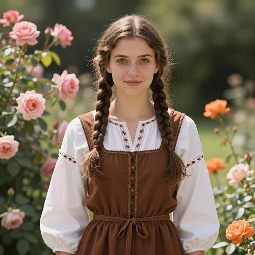 Young Woman in Traditional Romanian Dress in Garden