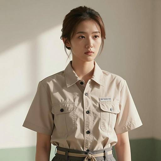 Young Asian Woman in Beige Work Blouse