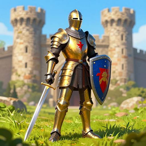 Medieval Knight in Gold and Blue Armor