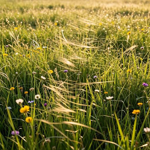 Sunlit meadow photograph with tall green grass, yellow and purple wildflowers, and golden sunlight filtering through, creating a warm, serene atmosphere.