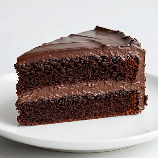Photograph of a rich, dark chocolate layer cake slice with smooth, glossy chocolate frosting on a white plate against a white background.