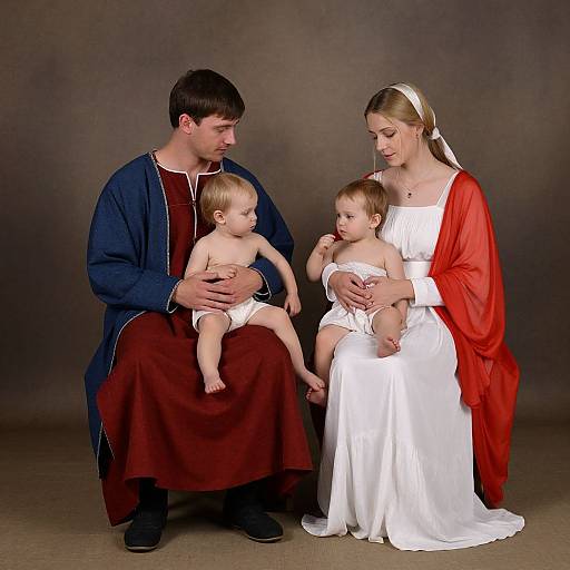 Photograph of a medieval-style family portrait: man in blue and red robes, woman in white dress with red shawl, two toddlers, brown background