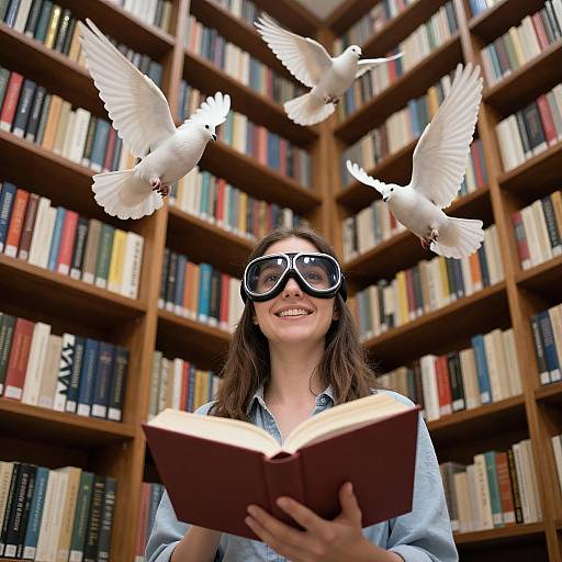 Photograph of a smiling woman with dark hair, wearing goggles, reading a book in a library, with three white doves flying above.