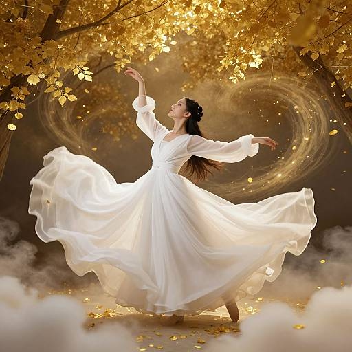 Photograph-like digital art of a graceful woman in a flowing white dress, dancing under golden autumn leaves, creating a swirling heart shape with her arms,