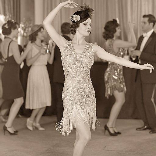 Vintage photograph of a dancer in a fringed, beaded dress and black hat, mid-dance, surrounded by elegantly dressed people in a dim