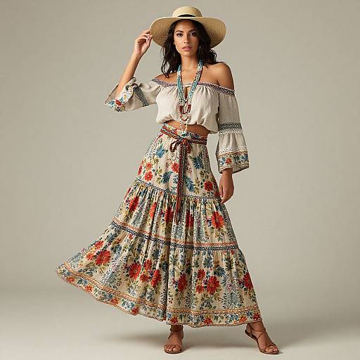 Photograph of a woman with dark hair, wearing a straw hat, off-shoulder white blouse, and long, floral-patterned skirt, standing