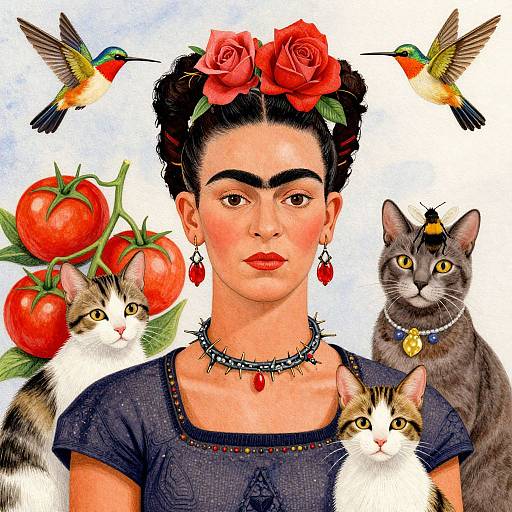 Digital painting of Frida Kahlo with red roses in hair, wearing dark dress and necklace, surrounded by hummingbirds, cats, and tomatoes.