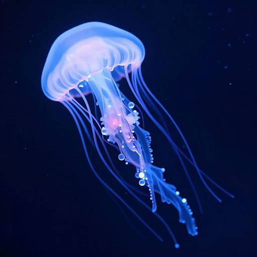 Photograph of a glowing blue jellyfish with translucent, flowing tentacles against a dark blue background, highlighting its ethereal and bioluminescent appearance