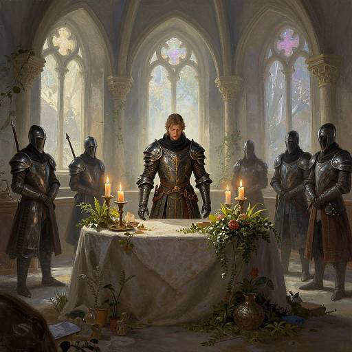 Digital painting of a knight in armor standing at a candlelit altar in a gothic church, surrounded by five armored guards.
