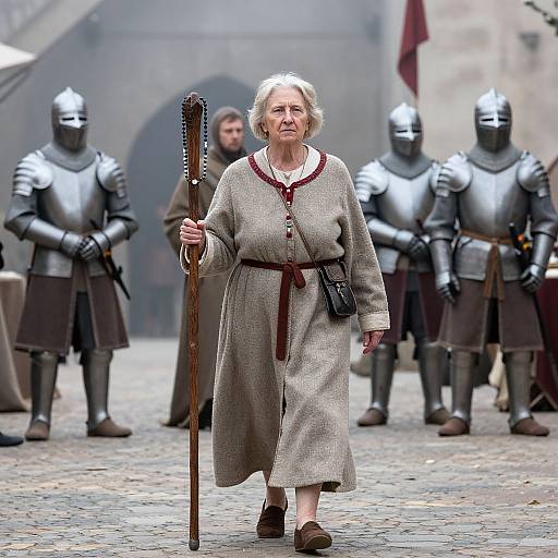 Photograph of an elderly white woman with short gray hair, wearing a medieval-style gray dress and brown shoes, holding a wooden staff, walking between armored