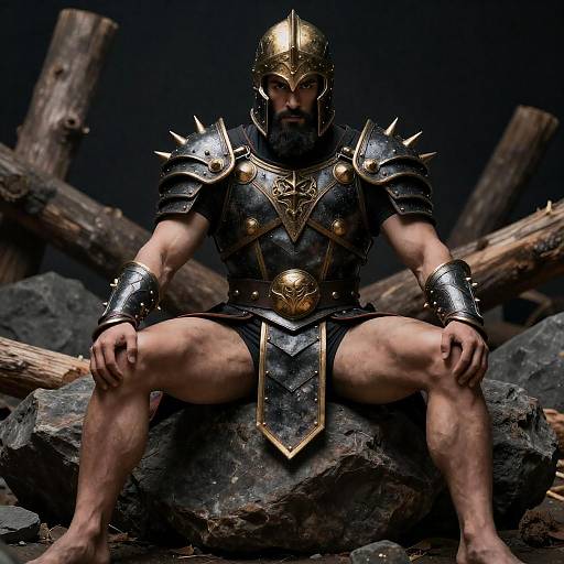 Gold-Helmed Armored Warrior on Rocks